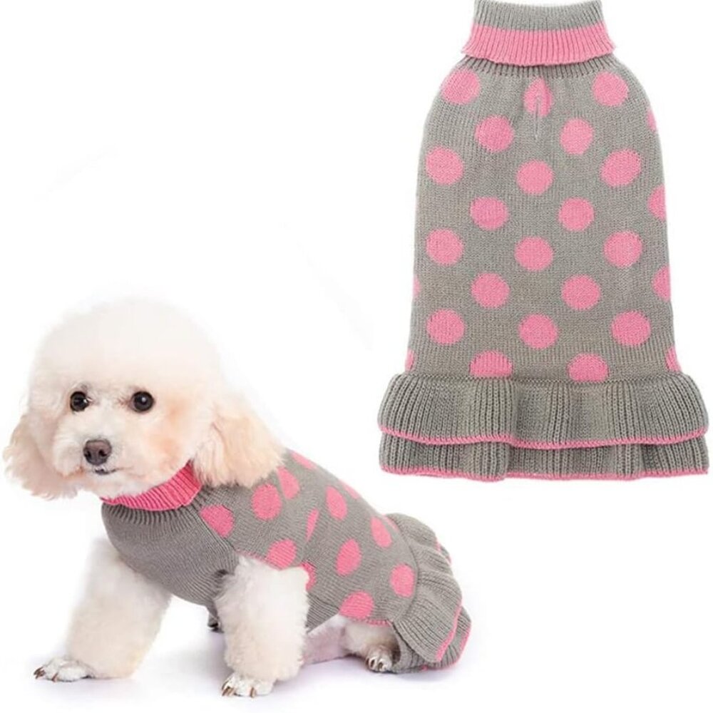 Cute Small Pink Polka Dot Knit Winter Sweater Dress with Leash Hole Cozy & Warm